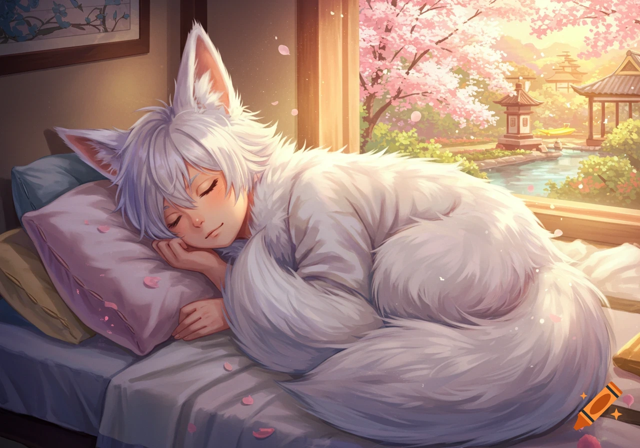 Anime fox boy sleeping by a window with cherry blossoms