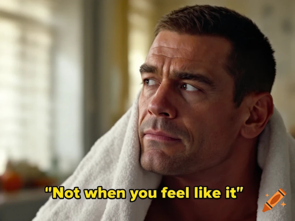 Man with a towel over his head looks away, with quote overlay.