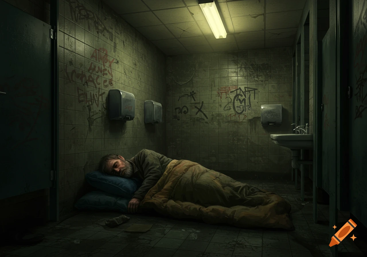 Photorealistic depiction of a homeless man sleeping in a dirty public restroom with graffiti on the walls.