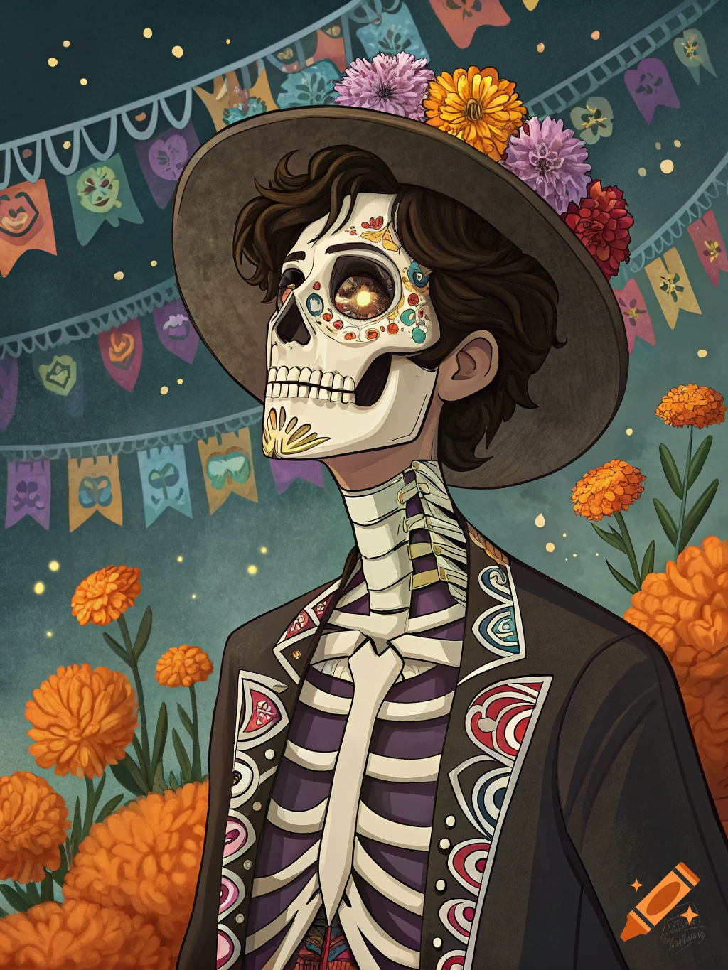 Illustration of a person with skull makeup and skeleton costume wearing a hat, surrounded by marigolds and banners.