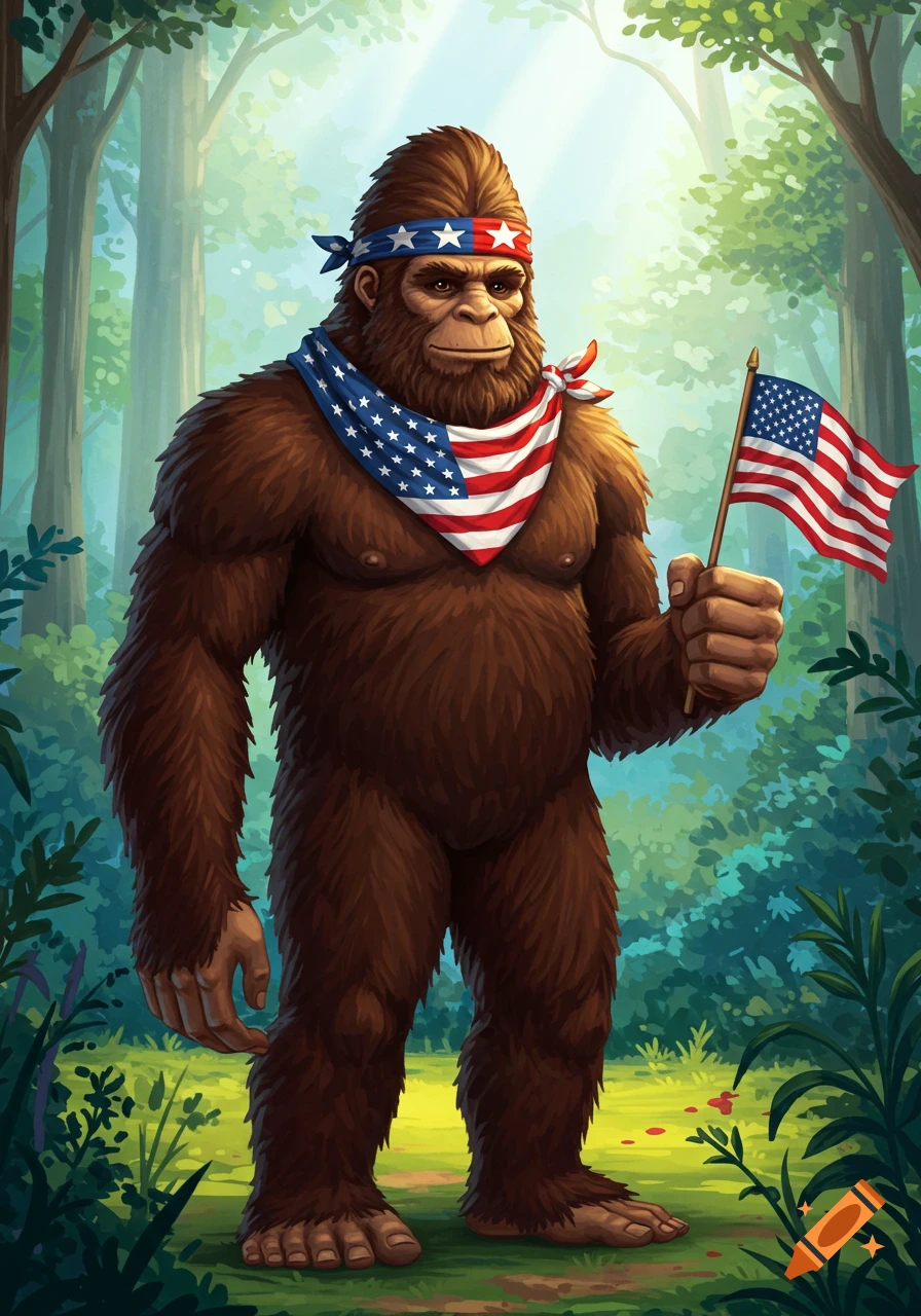 Illustration of a patriotic Sasquatch in a forest, wearing an American flag bandana and scarf, holding a flag.
