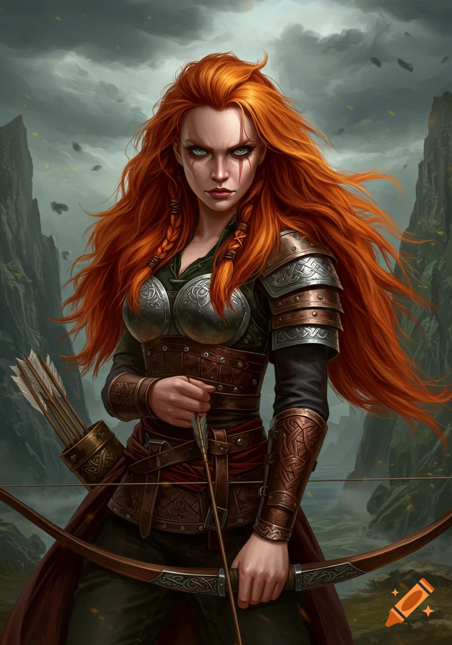 A female viking warrior with red hair and armor holds a bow and arrow in a mountain landscape.
