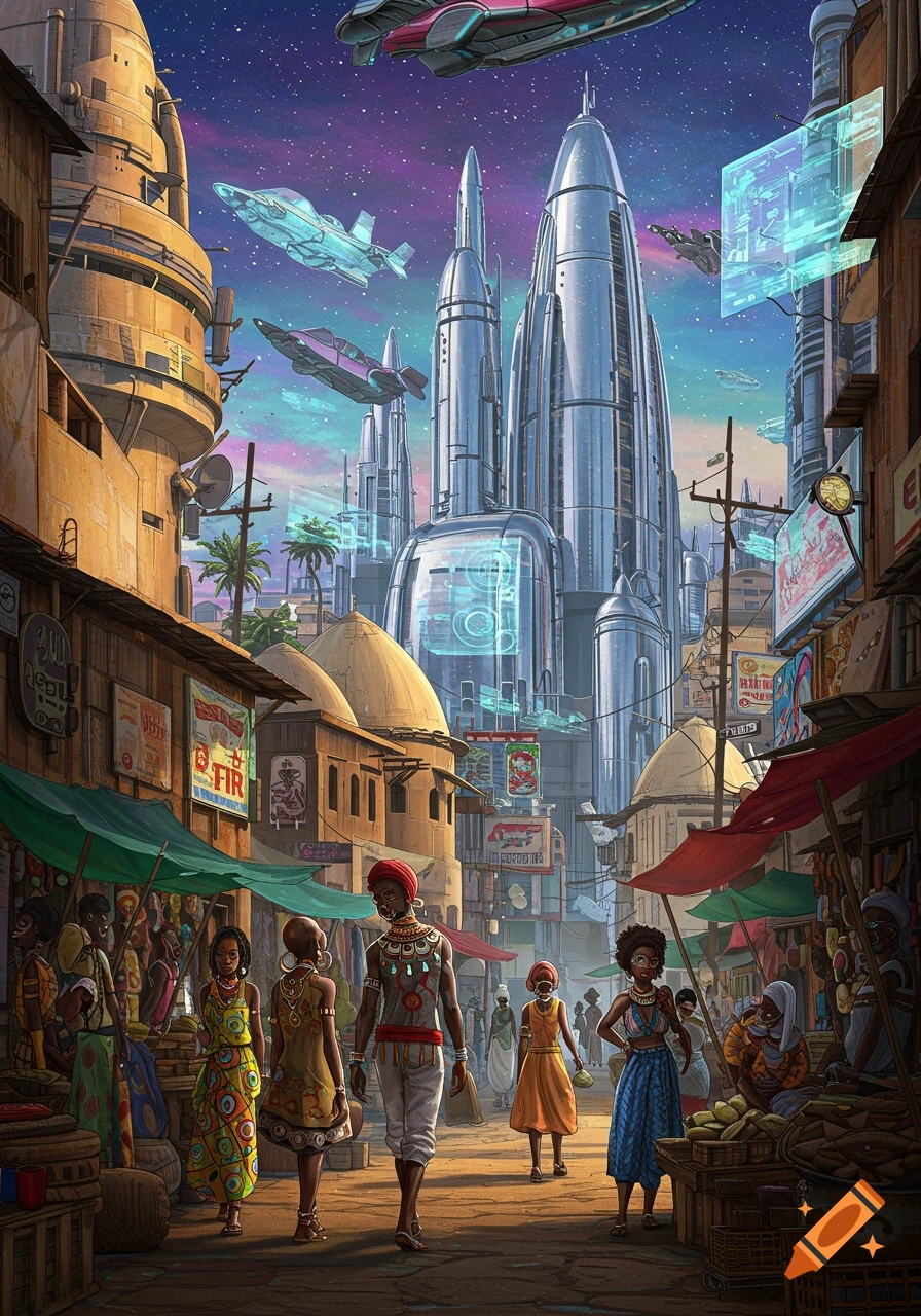 Afrofuturistic market in a sci-fi city with futuristic buildings and flying vehicles.