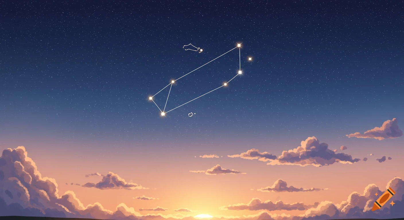 A constellation in a starry twilight sky with clouds and a sunset.
