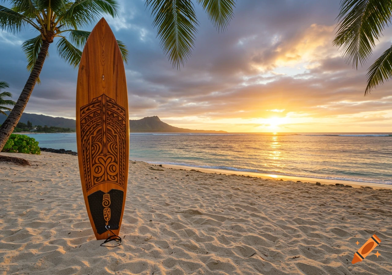 Traditional Hawaiian surfboard on a beach at sunset with palm trees and mountains