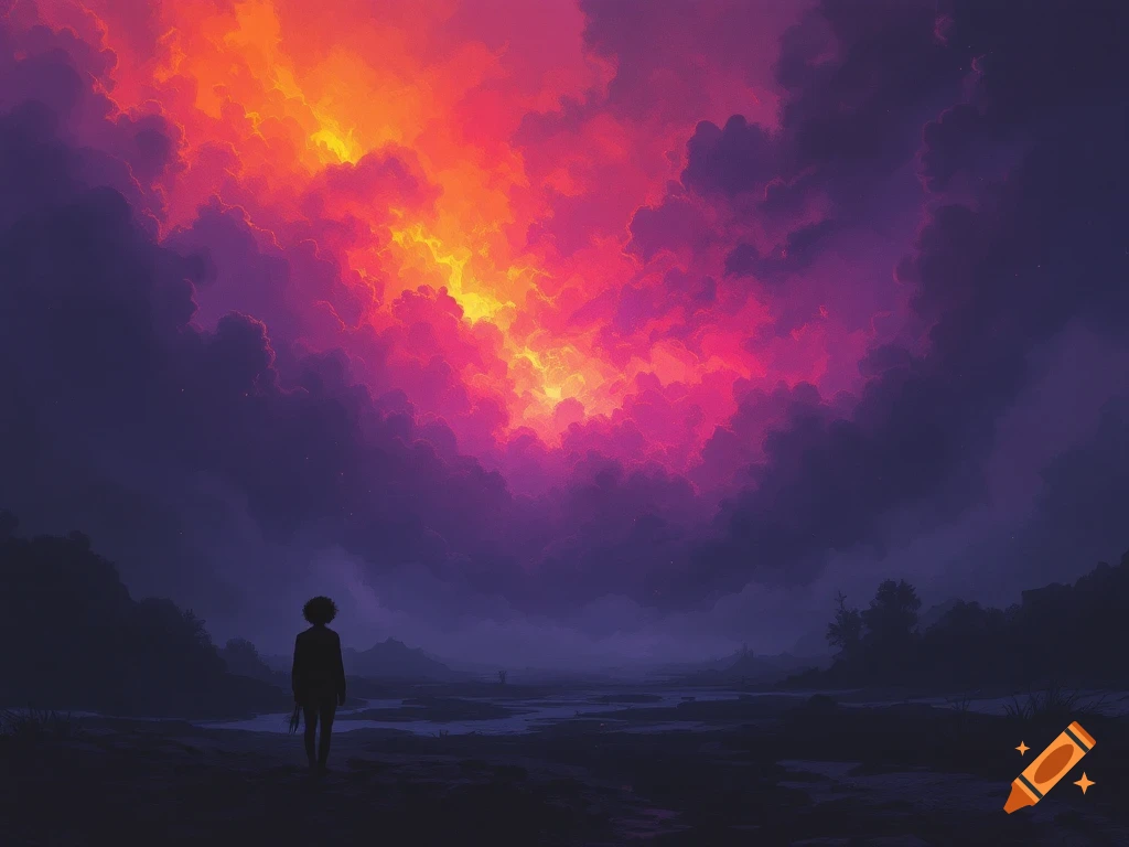 Silhouette of a figure standing before a dramatic orange and purple cloudscape over a dark landscape.