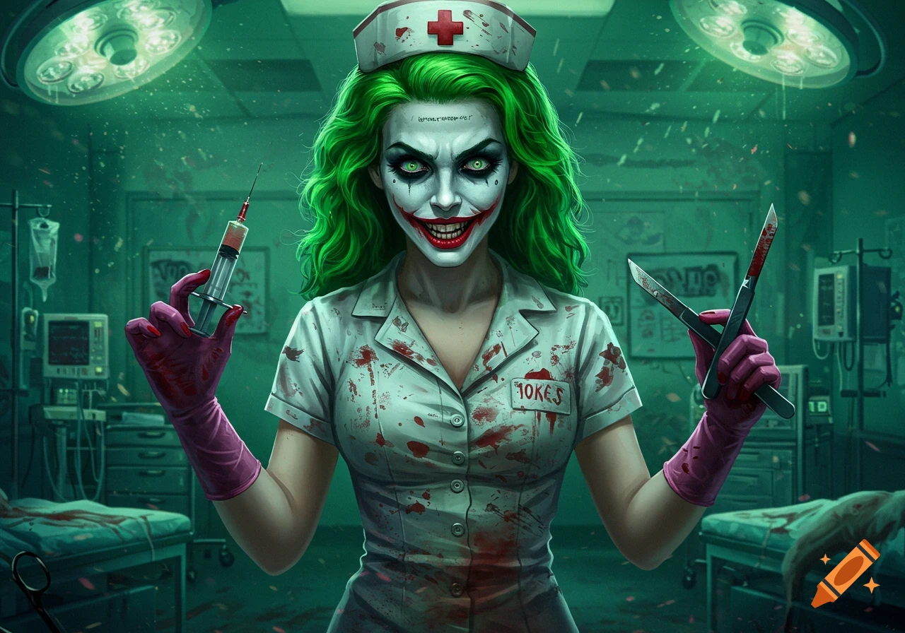 A female Joker-like nurse in a bloody hospital holding a syringe and scalpel.