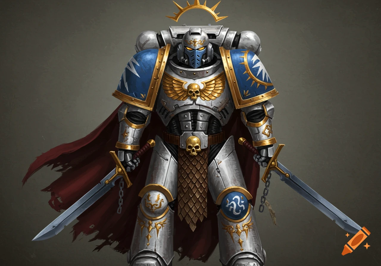 Full body portrait of a Warhammer Space Marine in white and blue armor with gold trim, holding two swords.