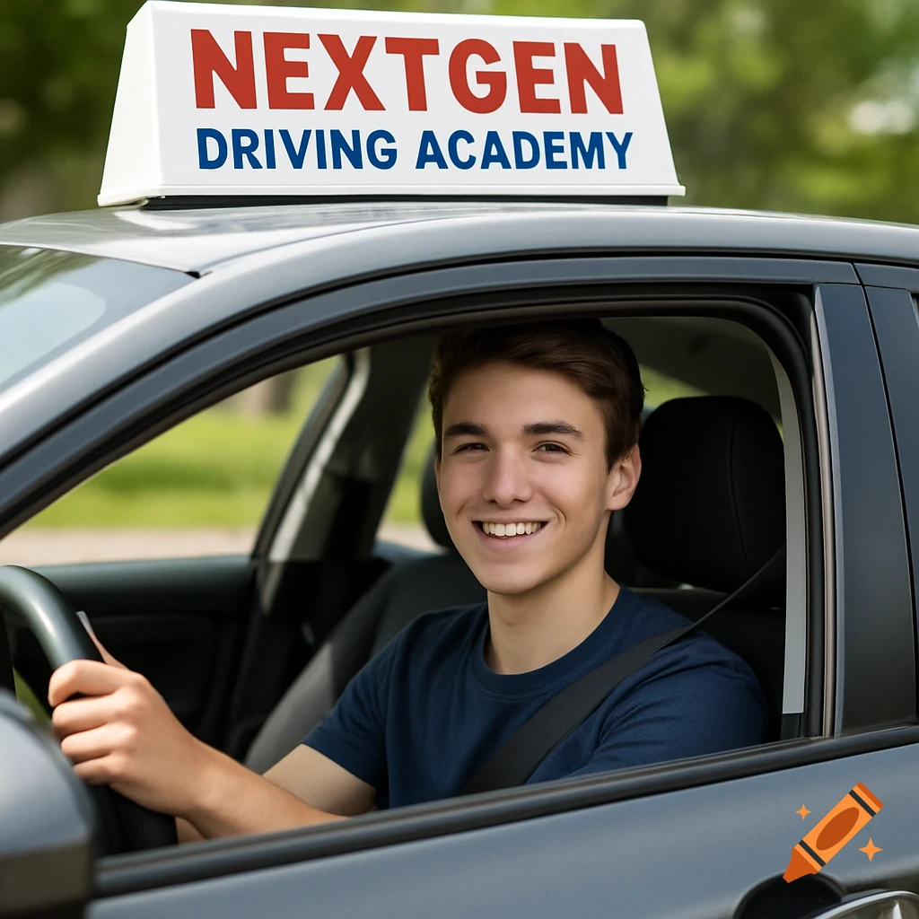 Smiling young man driving a car with 'Nextgen Driving Academy' sign on top.