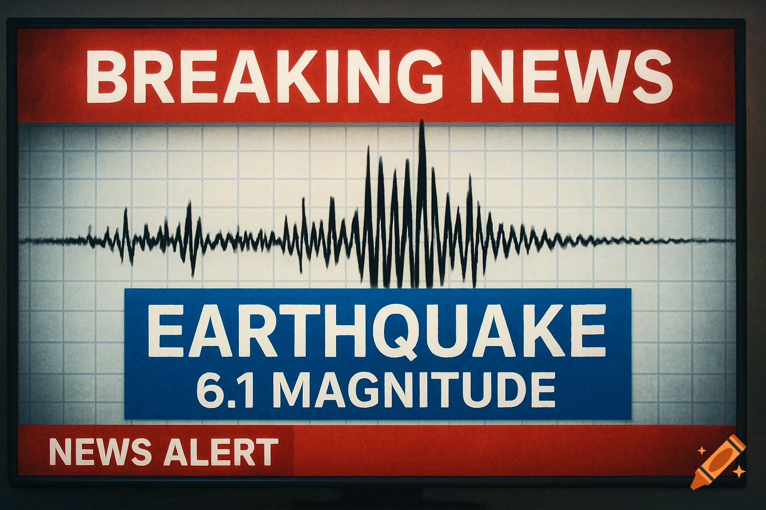 Television screen showing a breaking news alert for a 6.1 magnitude earthquake with a seismograph reading.
