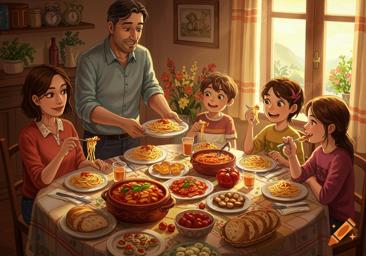 An illustration of a family eating pasta and other Italian food at a table, in a warm dining room.