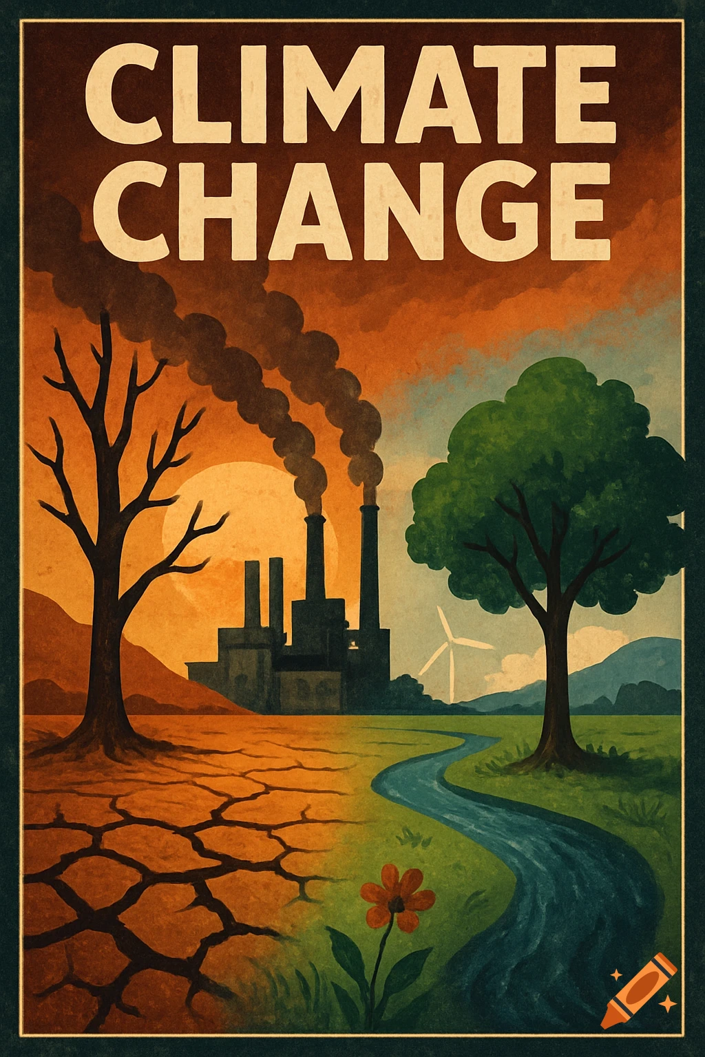 A vintage-style poster shows a barren landscape with factories and a dead tree next to a vibrant green landscape with a river and healthy tree. Text reads: CLIMATE CHANGE.