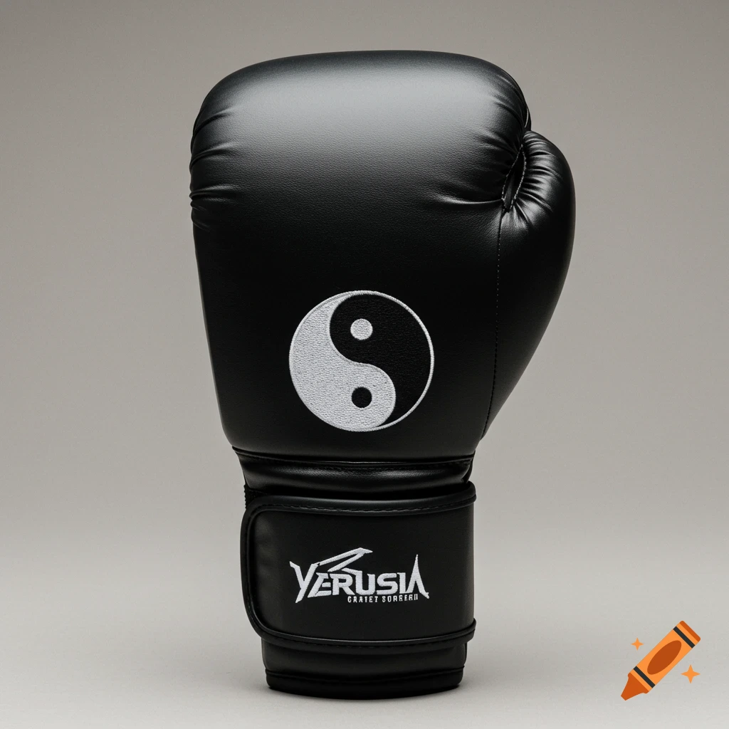A black boxing glove with a white yin-yang symbol on the front, against a grey background.