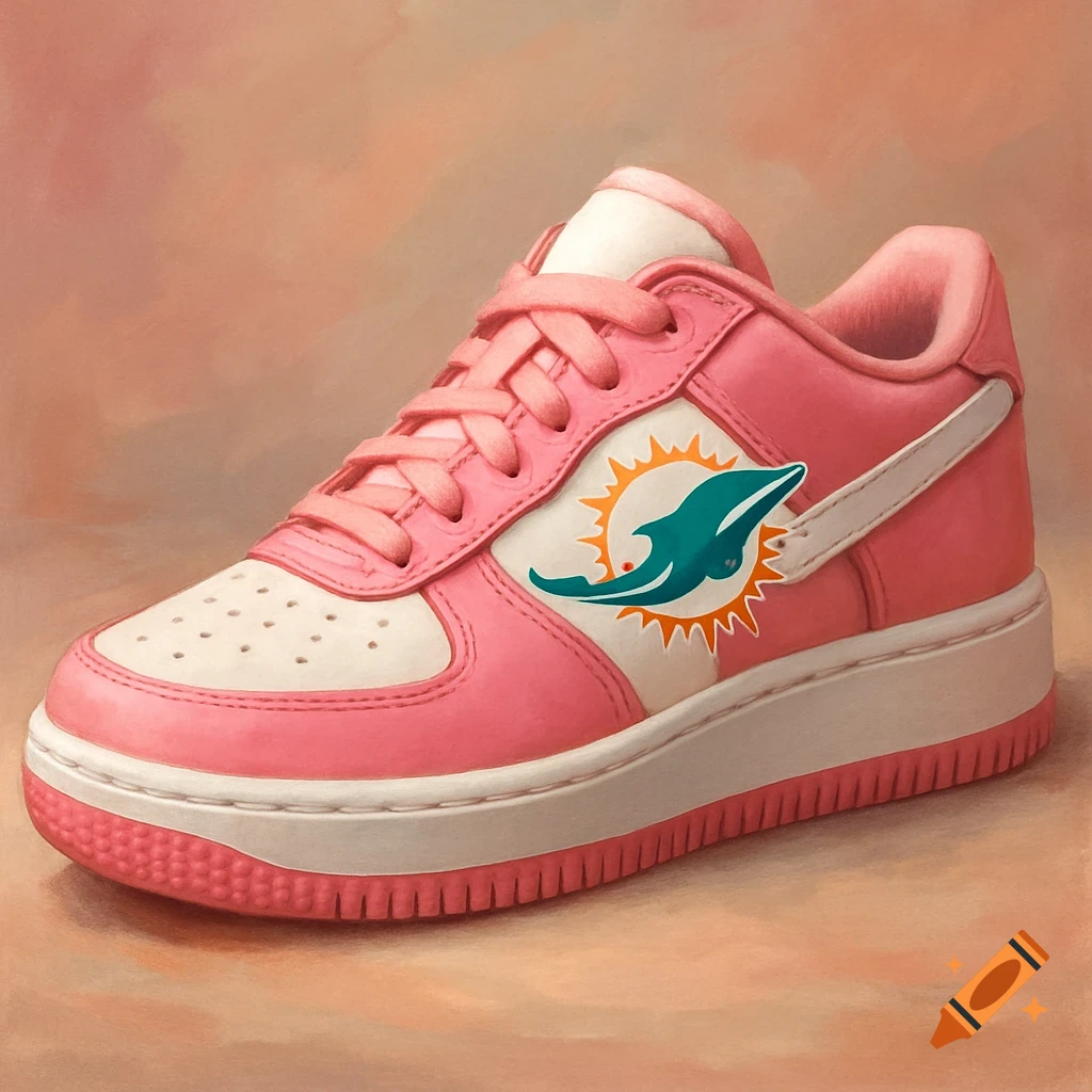 Pink and white sneaker featuring the Miami Dolphins logo on the side.