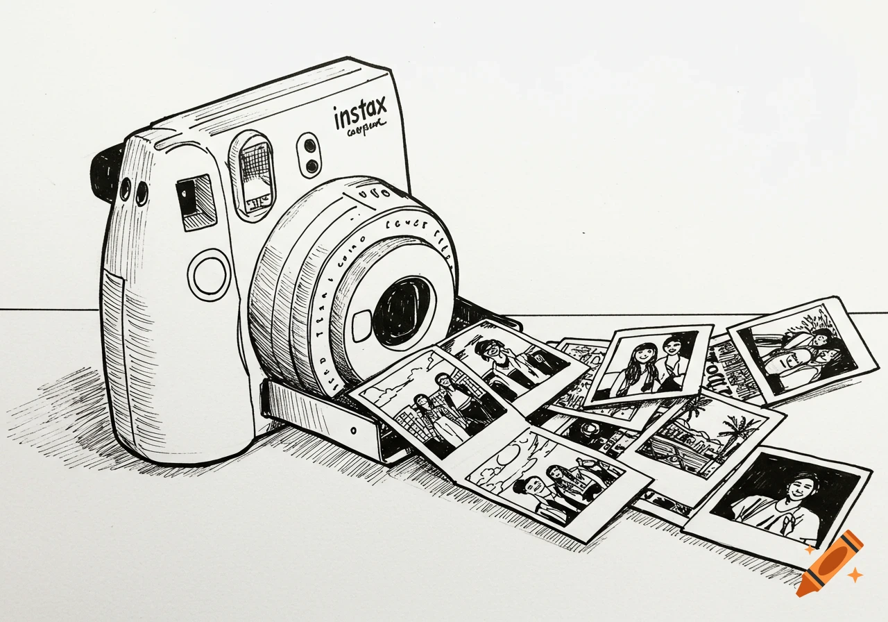 Black and white sketch of an Instax camera with photos
