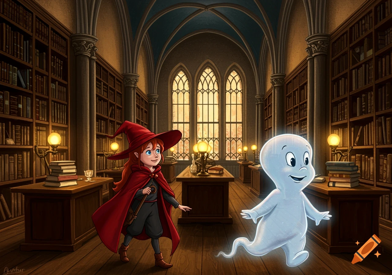 Cartoon style image of Wendy the Witch and Casper the Friendly Ghost walking through a large library.