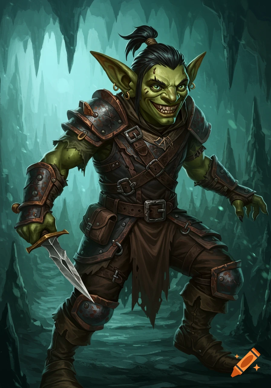 Male goblin rogue with a dagger in a cave, fantasy art