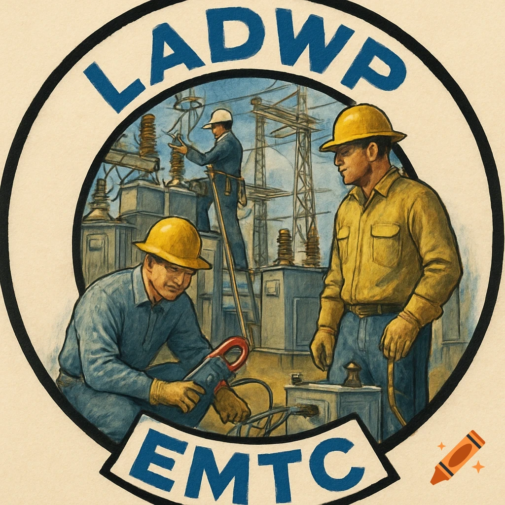Vintage illustration of utility workers at a substation within a circular logo with LADWP and EMTC.