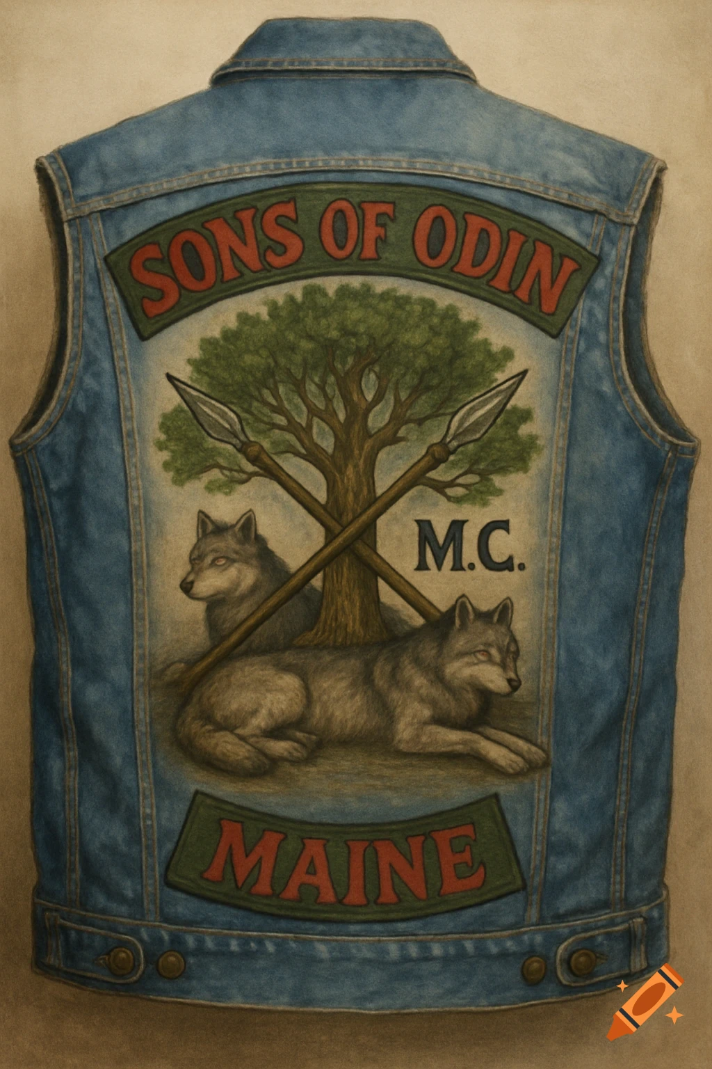 Denim vest with patch: tree, crossed spears, two wolves, and 'SONS OF ODIN M.C. MAINE' text. Painted style.