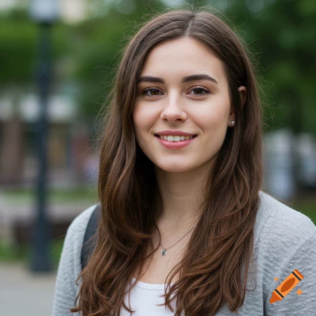 Close-up portrait of a young woman with long brown hair smiling outdoors.