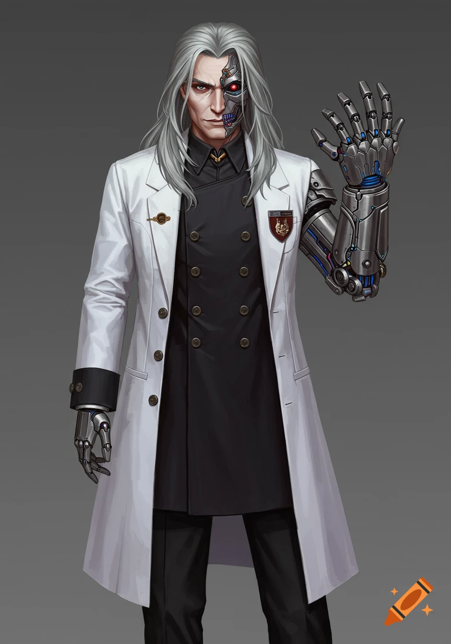 A man with long grey hair, one side of his face and arm replaced by cyborg parts, wearing a white lab coat.