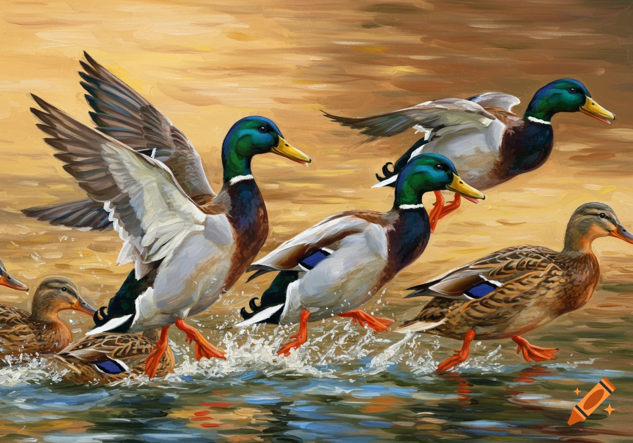 Several mallard ducks running and splashing in shallow water, painted.
