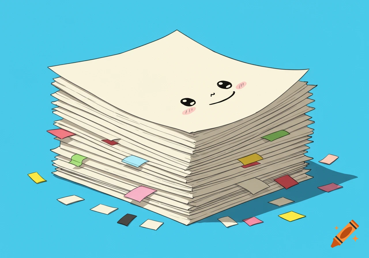Cartoon illustration of a happy stack of papers with colorful sticky notes on a blue background