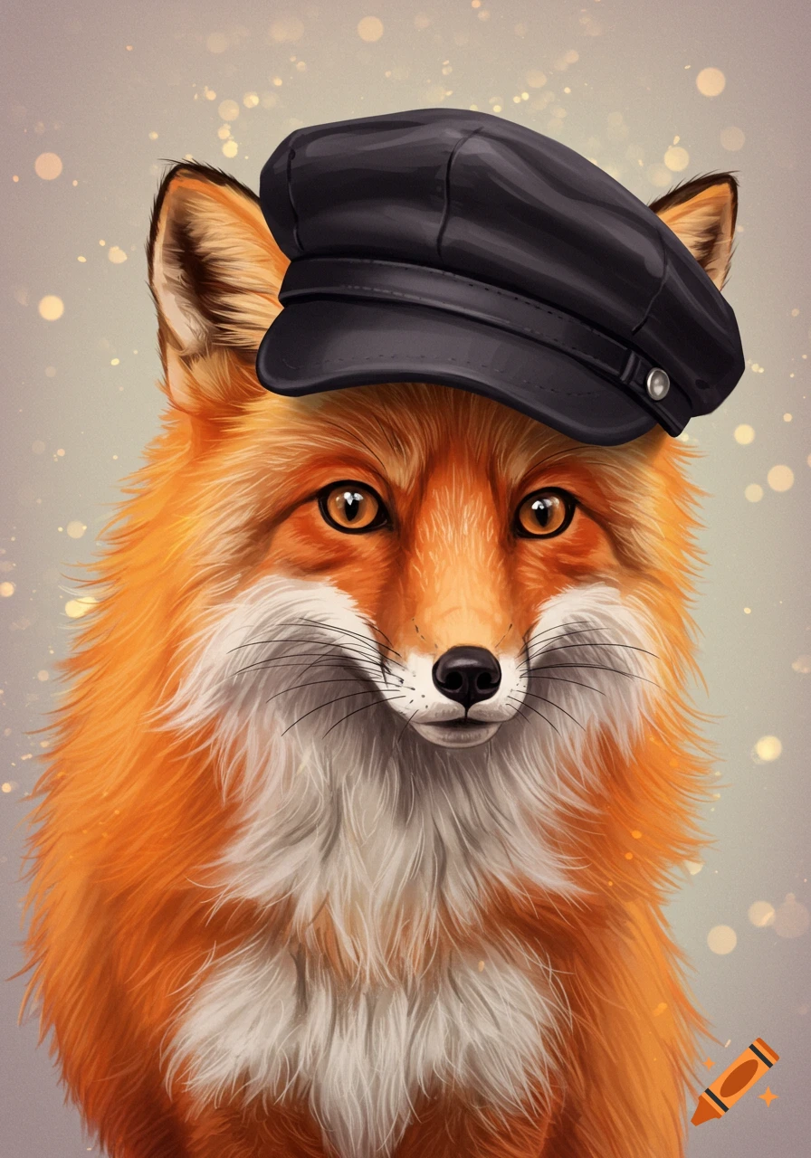 Close-up illustration of a fox wearing a black cap.