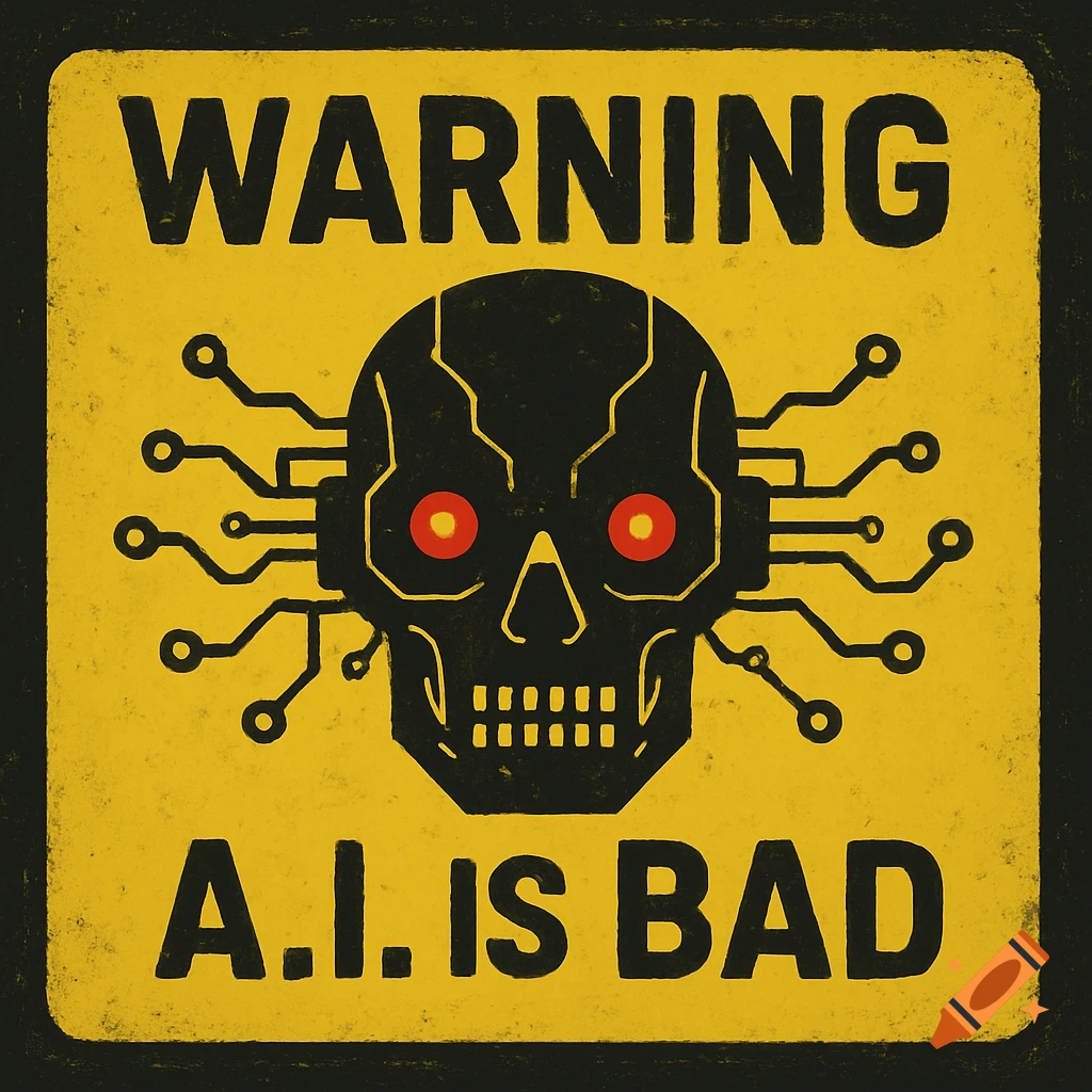 A yellow warning sign with a black cybernetic skull head and red eyes, and the text 'WARNING' and 'A.I. IS BAD'.
