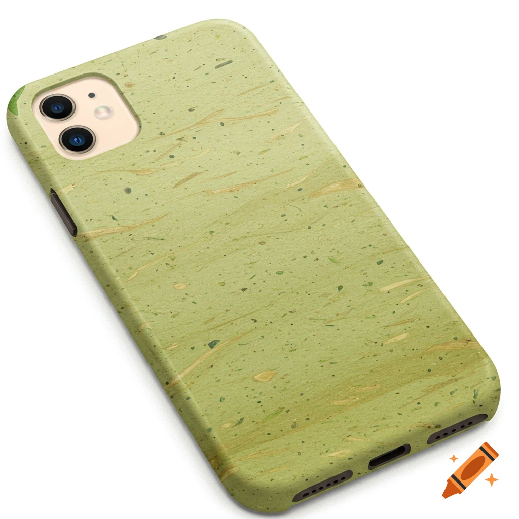 Green biodegradable phone case with fibrous texture on a white background