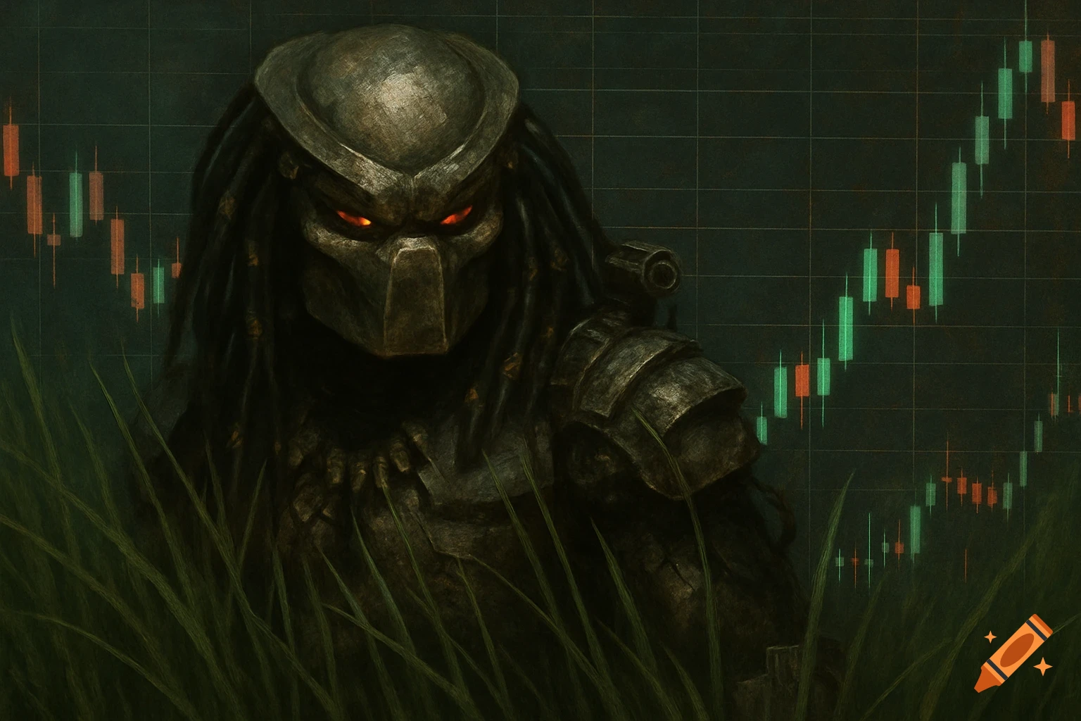 Predator character in long grass with a candlestick trading chart background.