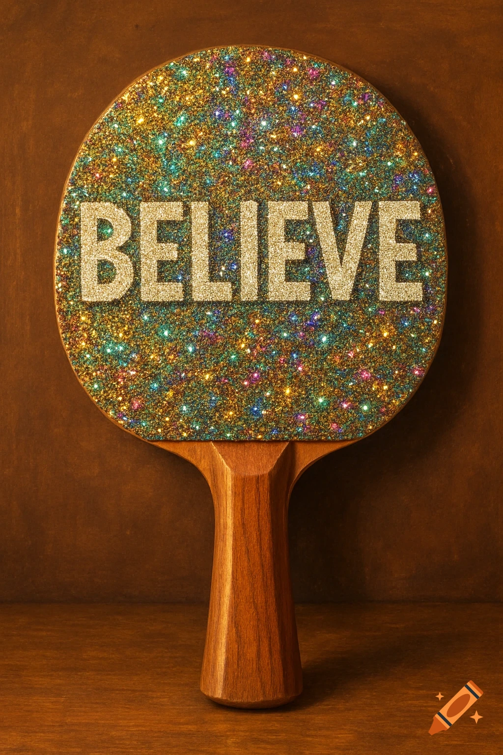 A ping pong paddle covered in colorful glitter with the word BELIEVE on it