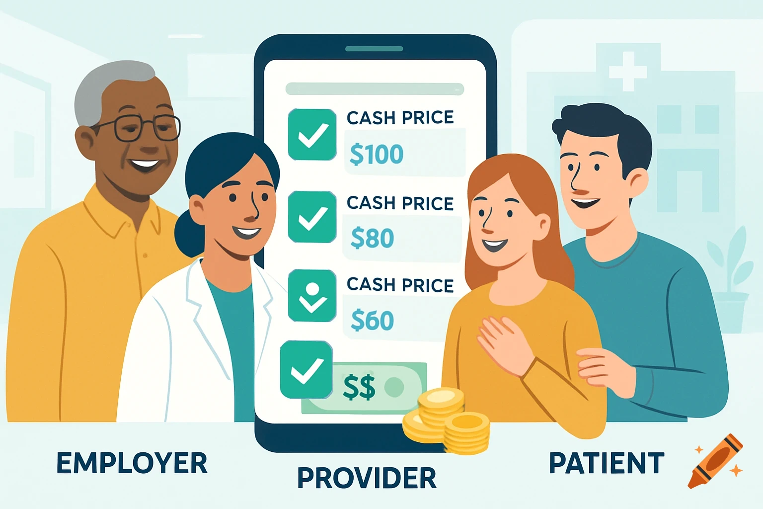 Illustration of diverse people looking at a phone app showing medical cash prices, with text labels for Employer, Provider, Patient.