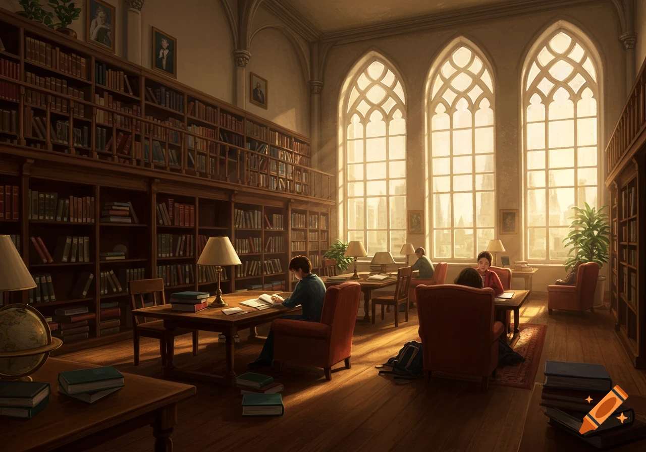 A sunlit library with arched windows, tall bookshelves, and students reading at tables.