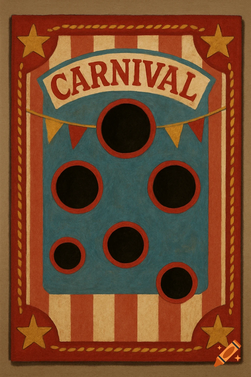Illustration of a carnival game board with red and white stripes, stars, rope trim, blue background, black circular holes, and the word CARNIVAL.