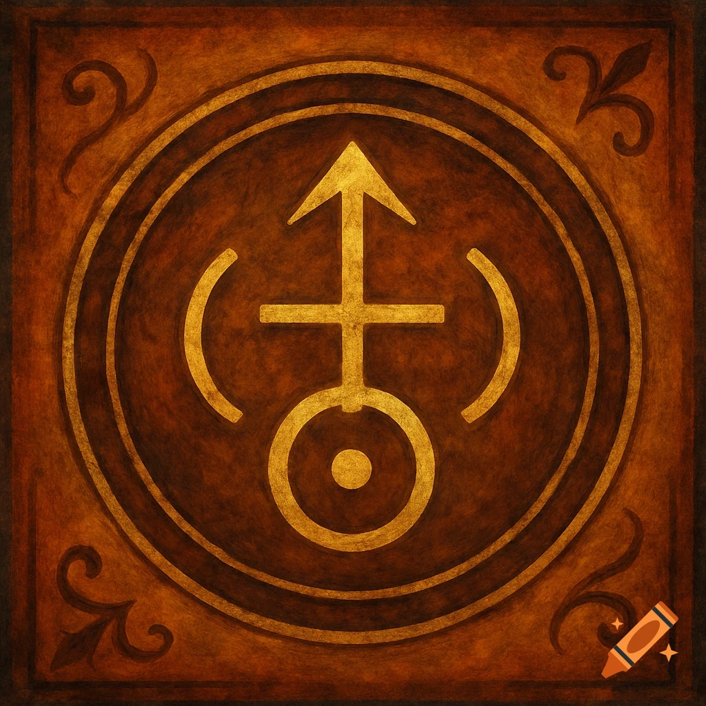 Golden sigil symbol on a textured brown background with decorative corners.