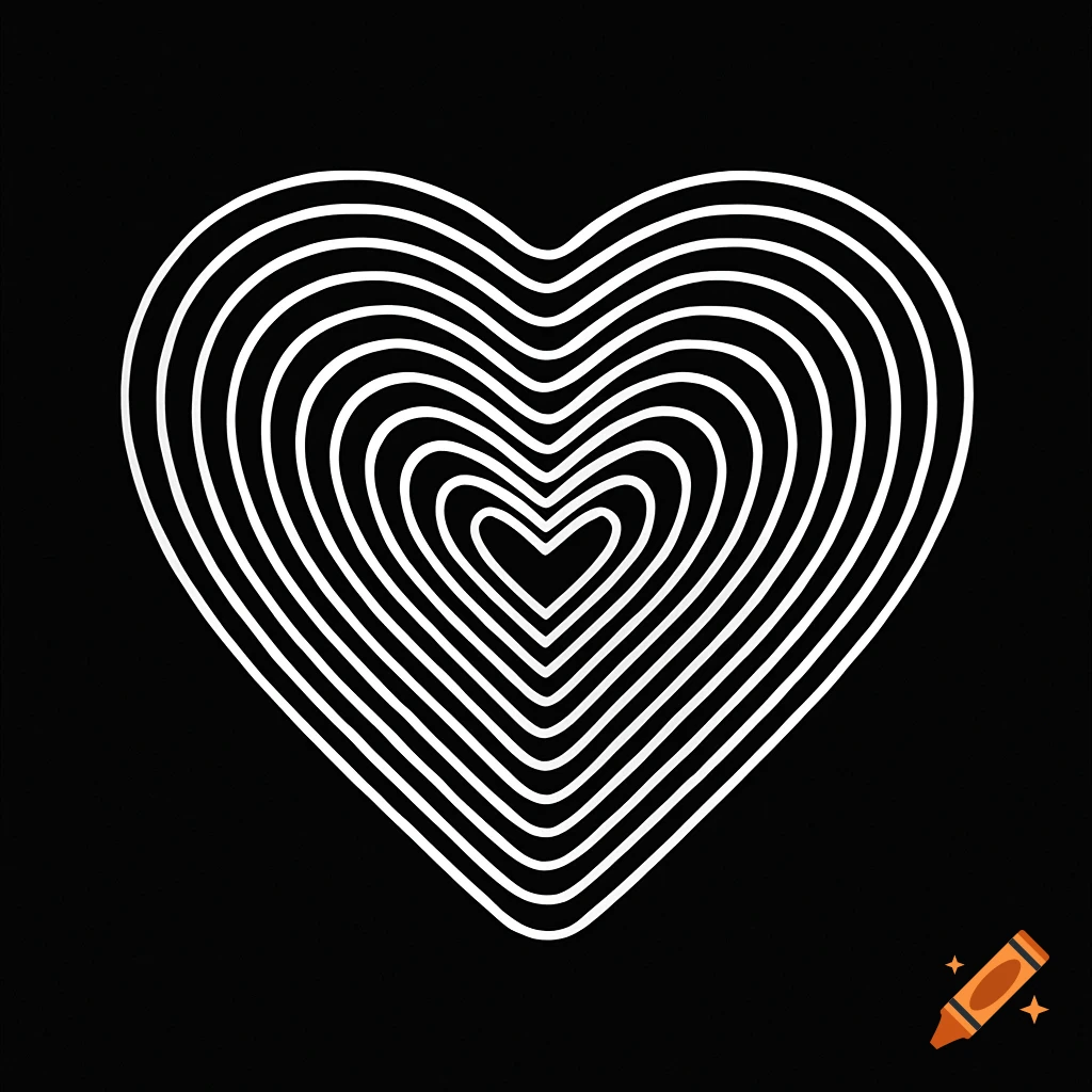 White concentric heart lines on a black background