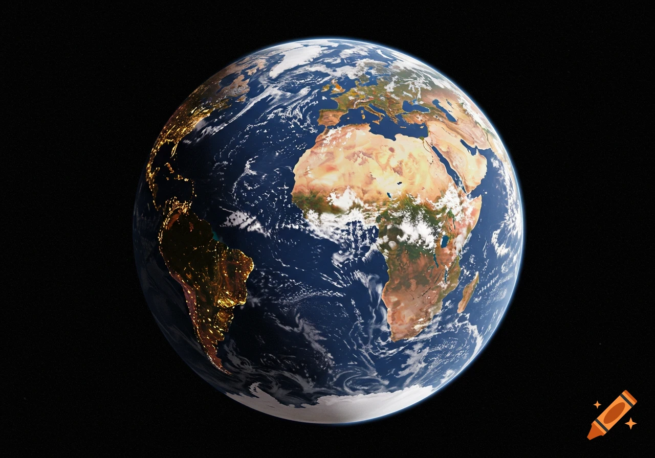 Detailed view of Earth from space showing continents and city lights