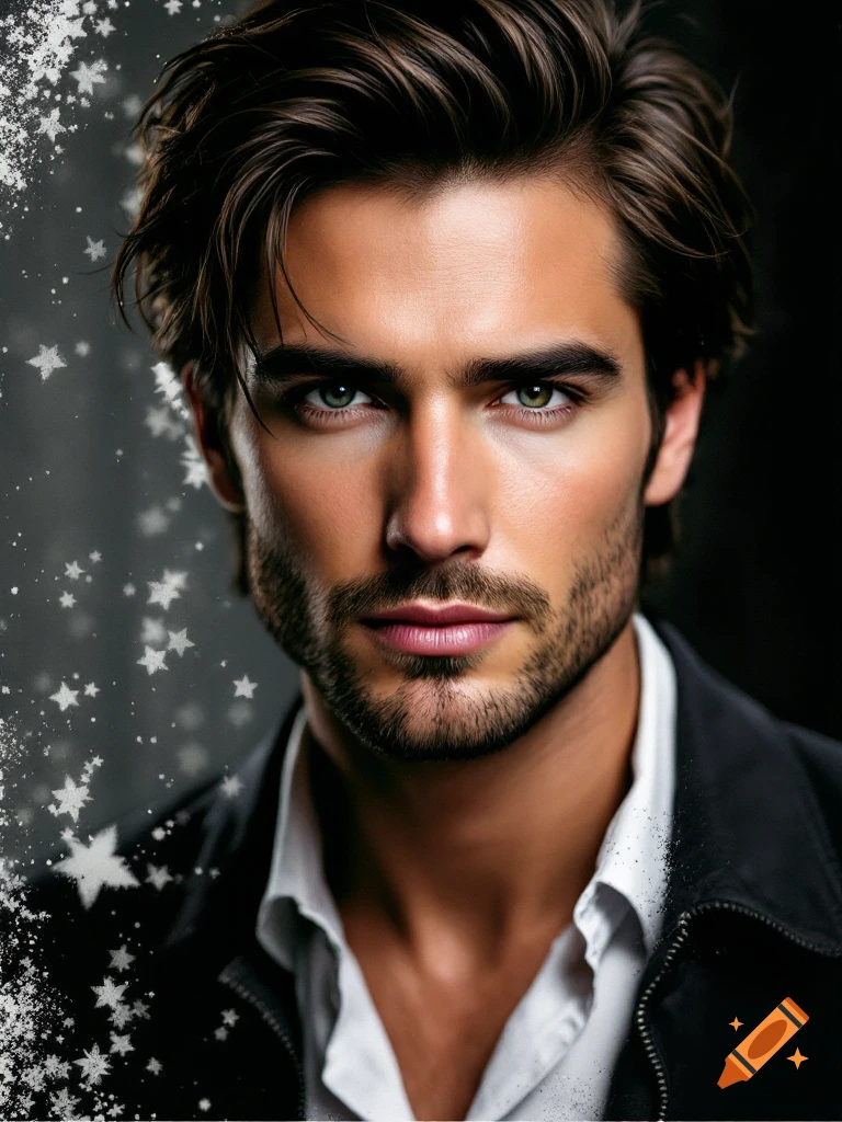 Close-up portrait of a handsome man with dark hair and green eyes, wearing a white shirt and black jacket, with glittering stars
