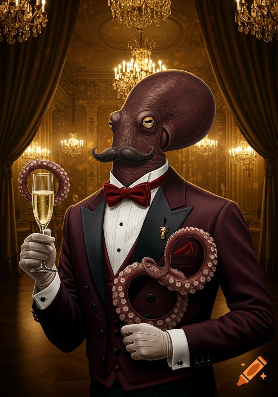 Anthropomorphic octopus in a suit and mustache holds a champagne glass in a fancy room.