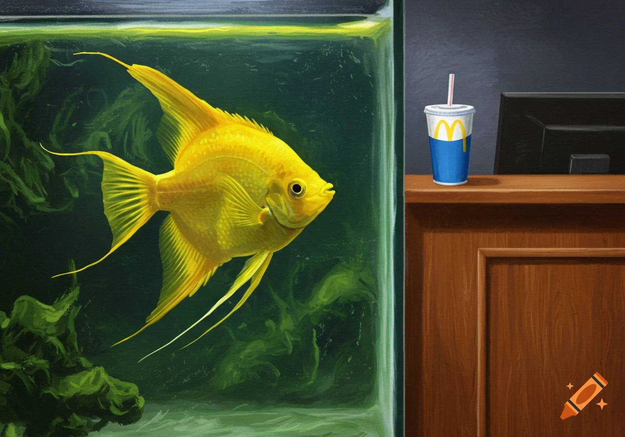 A yellow angelfish swims in a tank next to a desk with a soda cup, rendered in a painting style.