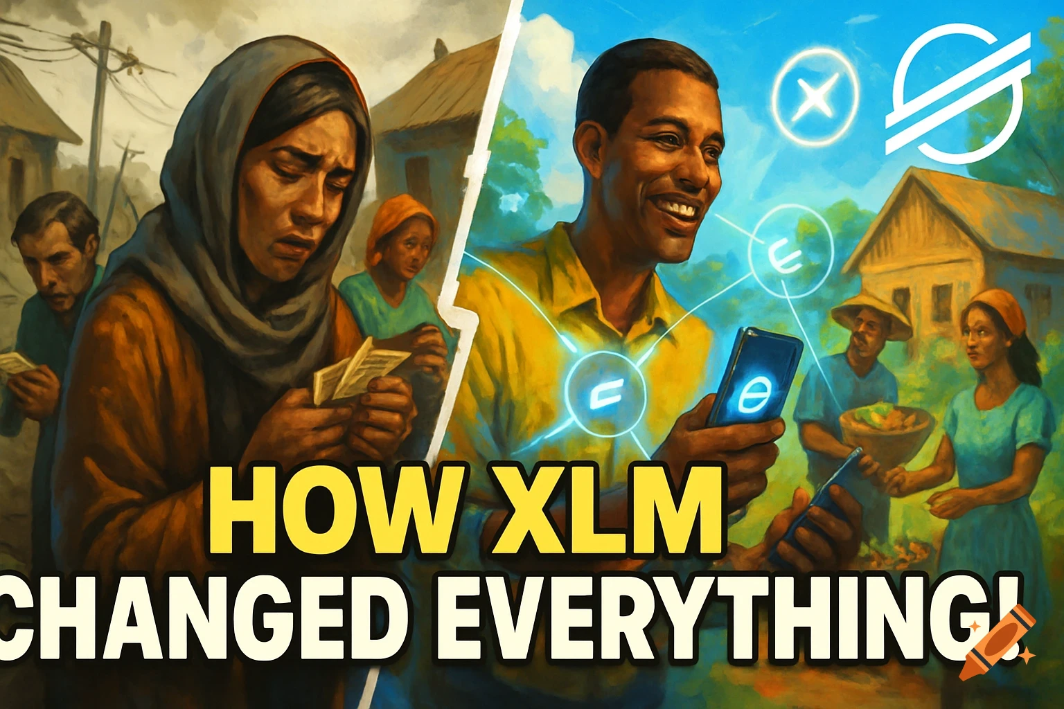 Split painting shows struggling rural community vs thriving one with crypto symbols and smartphones.