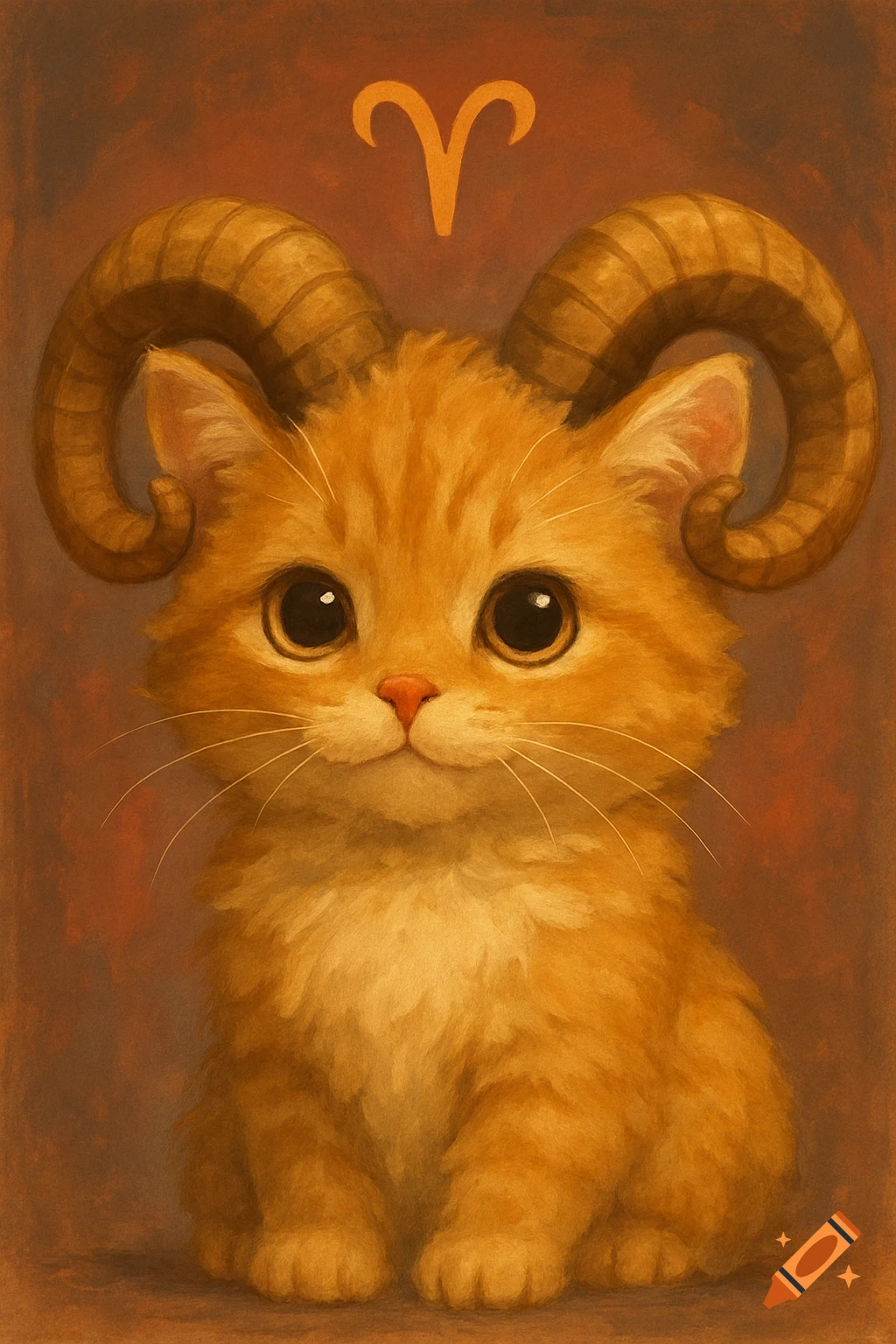 Cute orange cat with ram horns and the Aries zodiac symbol above its head in a painted style.