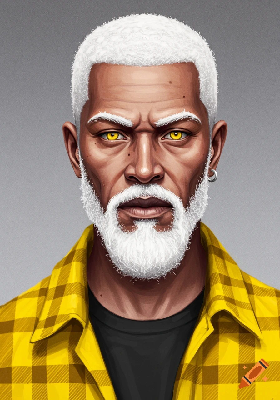 A digital painting portrait of a man with white hair and beard, yellow eyes, and a yellow flannel shirt.