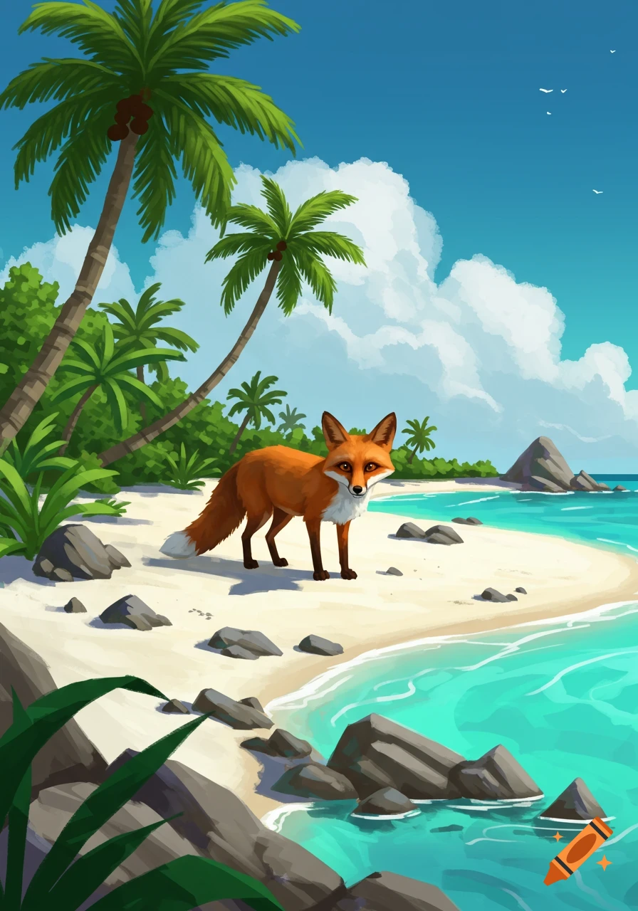 An illustration of a fox standing on a tropical beach with palm trees and clear blue water.
