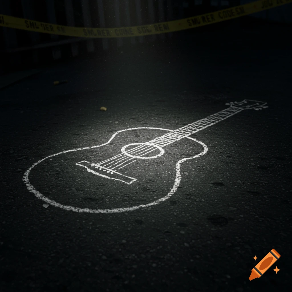 Chalk outline of a guitar on dark asphalt with yellow crime scene tape in the background. Looks like a murder scene.