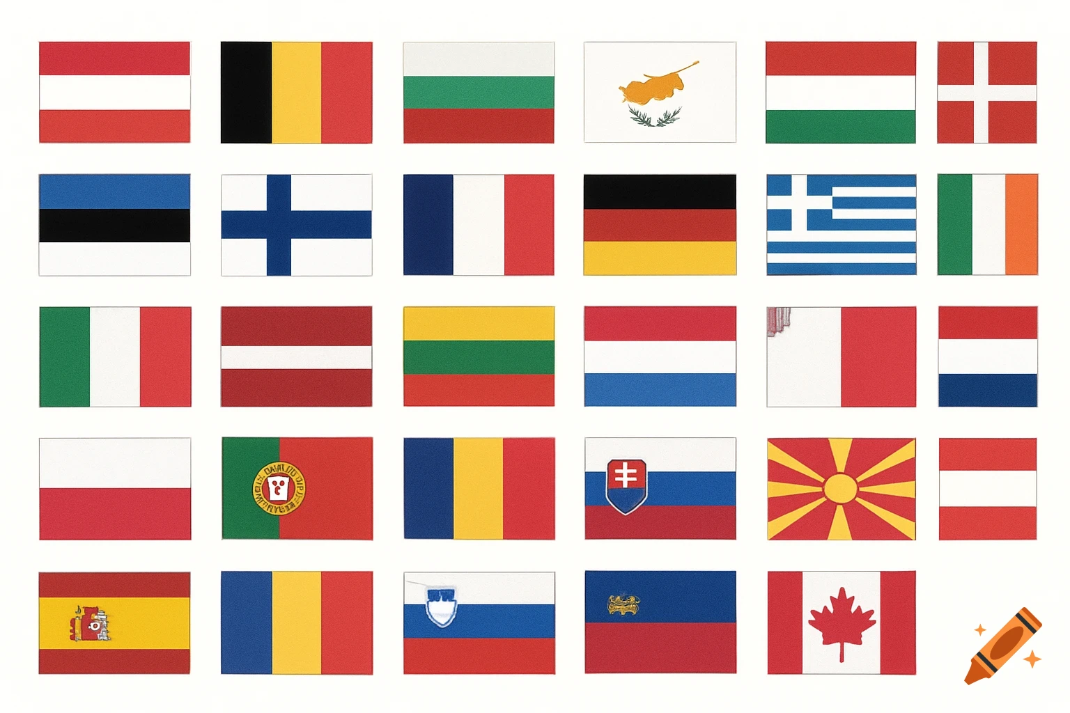 A grid displaying national flags including many European Union flags, Liechtenstein, and Canada on a white background.