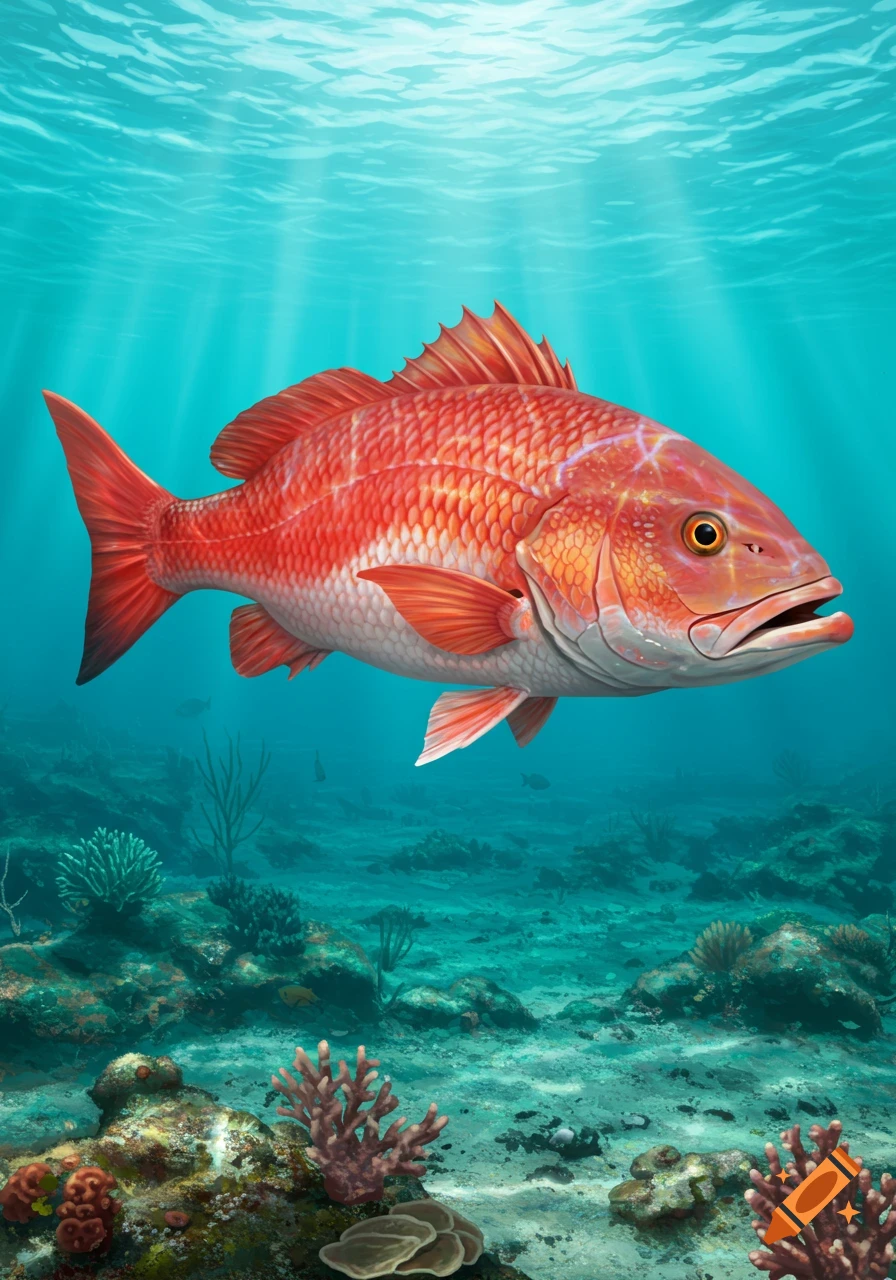 Realistic red snapper fish swimming over a reef underwater
