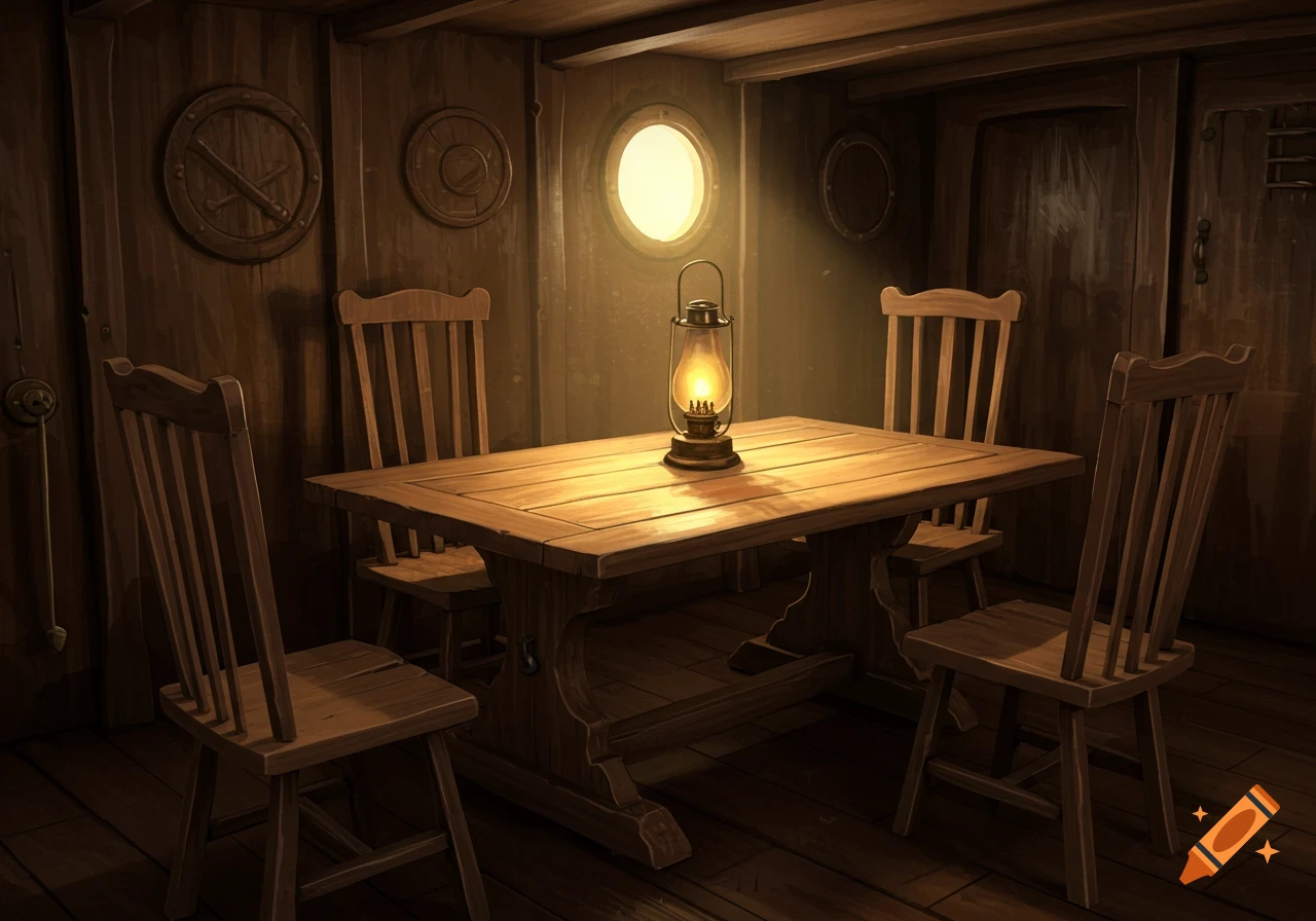 A wooden table and chairs in a dimly lit wooden ship cabin, illuminated by a lantern and a round porthole.