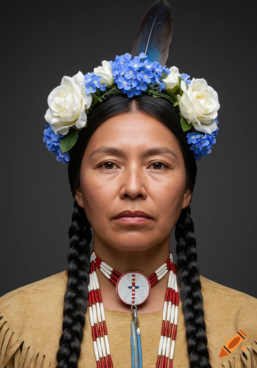 Portrait of a Native American woman wearing traditional clothing and a flower headdress.